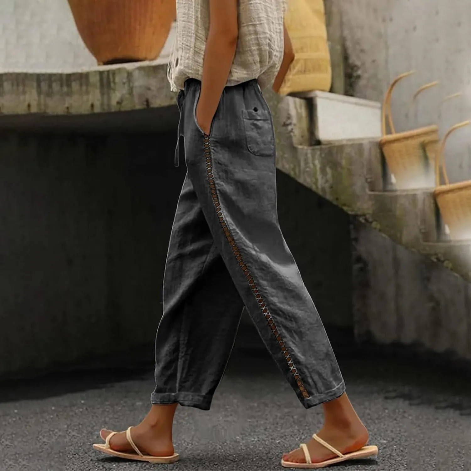 Linen Pants for Women High Waisted Elastic Drawstring Beach Pants Casual Lightweight Wide Leg Trousers with Pockets