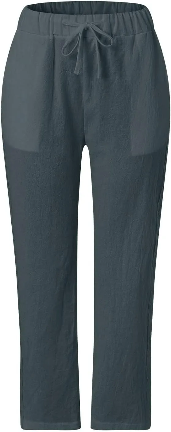 Linen Pants for Women High Waisted Elastic Drawstring Beach Pants Casual Lightweight Wide Leg Trousers with Pockets