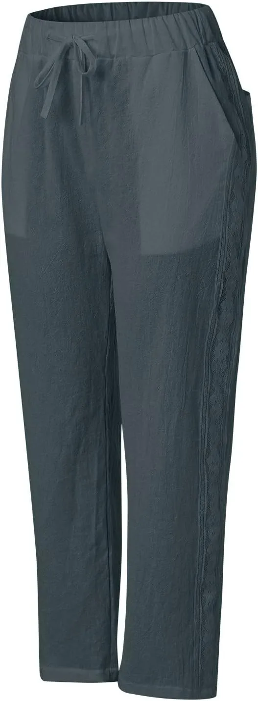 Linen Pants for Women High Waisted Elastic Drawstring Beach Pants Casual Lightweight Wide Leg Trousers with Pockets