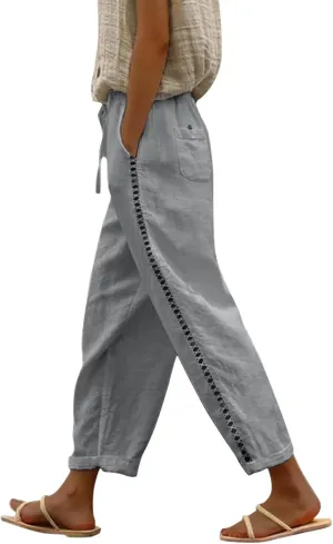 Linen Pants for Women High Waisted Elastic Drawstring Beach Pants Casual Lightweight Wide Leg Trousers with Pockets