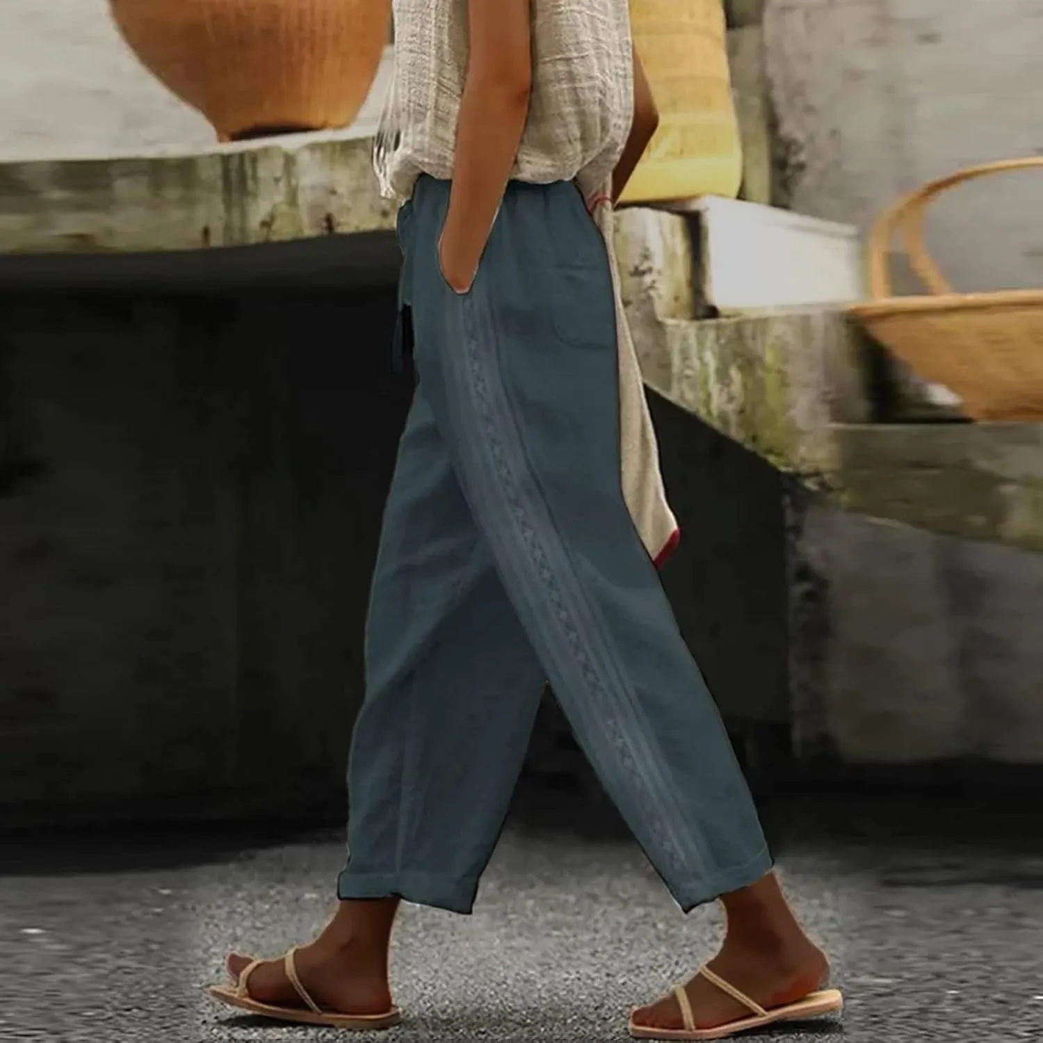 Linen Pants for Women High Waisted Elastic Drawstring Beach Pants Casual Lightweight Wide Leg Trousers with Pockets