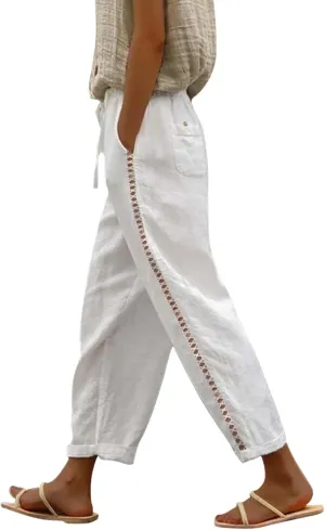 Linen Pants for Women High Waisted Elastic Drawstring Beach Pants Casual Lightweight Wide Leg Trousers with Pockets