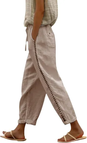 Linen Pants for Women High Waisted Elastic Drawstring Beach Pants Casual Lightweight Wide Leg Trousers with Pockets