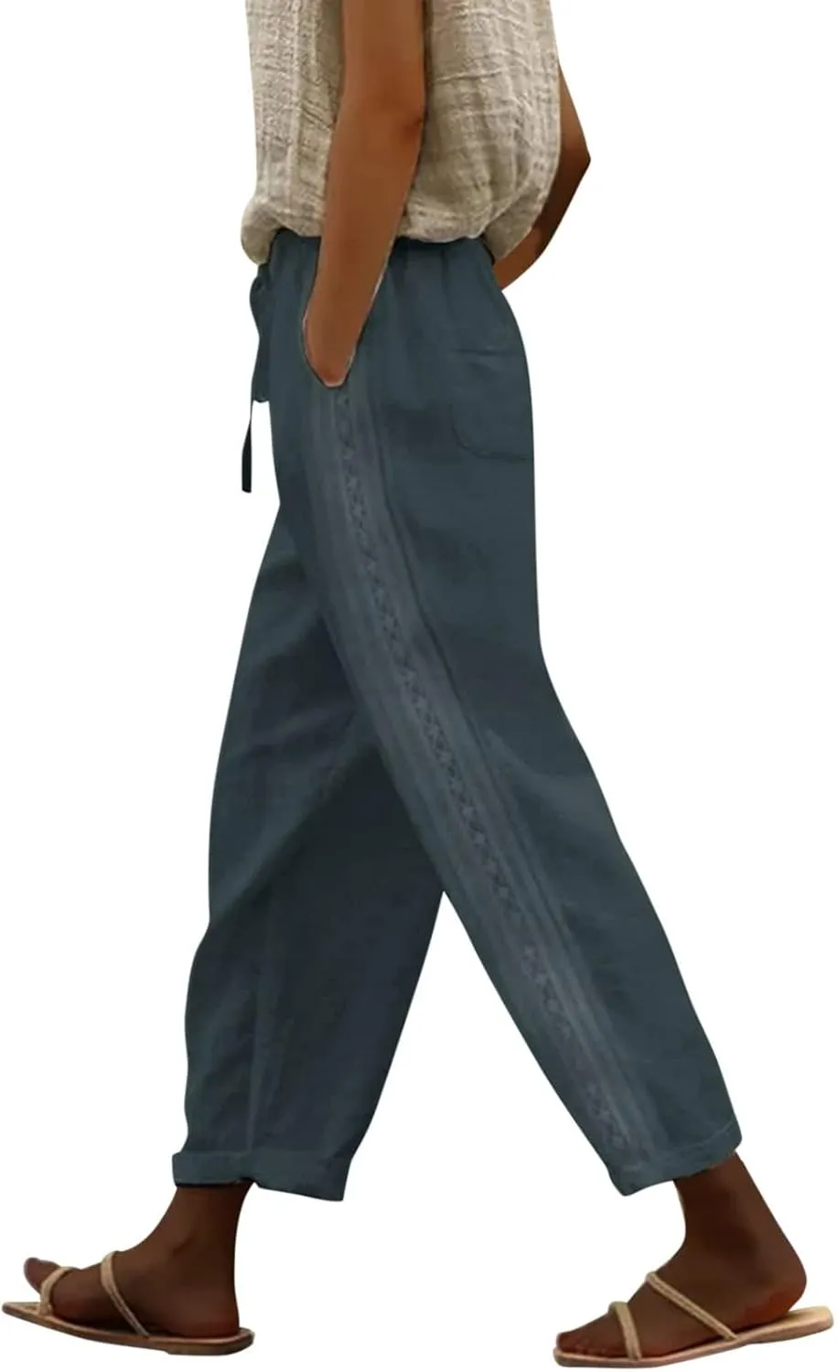 Linen Pants for Women High Waisted Elastic Drawstring Beach Pants Casual Lightweight Wide Leg Trousers with Pockets