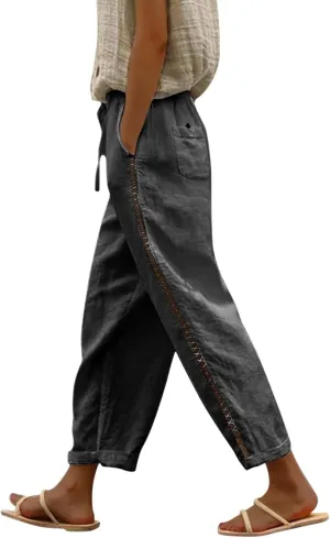 Linen Pants for Women High Waisted Elastic Drawstring Beach Pants Casual Lightweight Wide Leg Trousers with Pockets