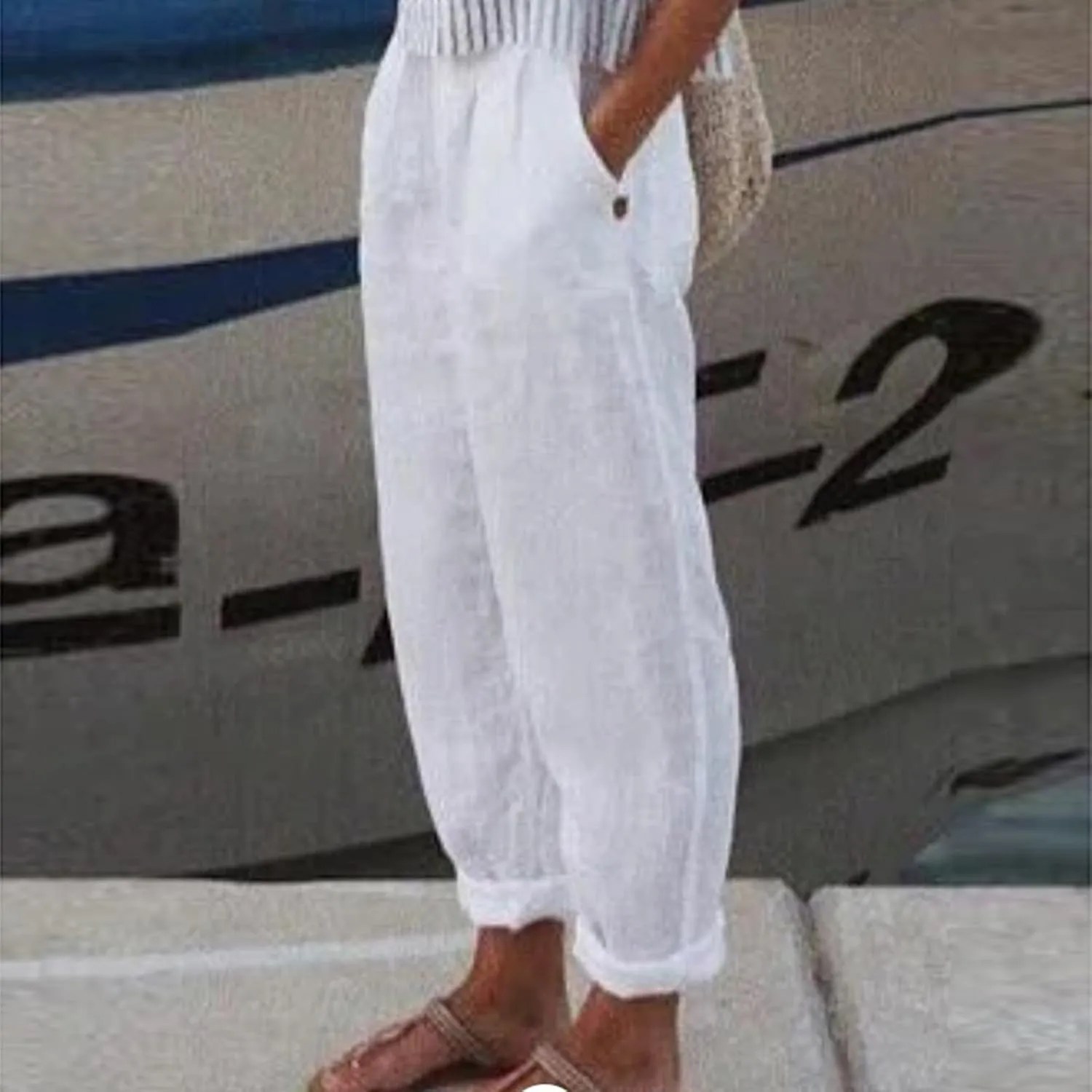 Linen Pants for Women Summer Straight Leg Casual Pants Elastic Waist Crop Trousers Summer Lightweight Vacation Pants