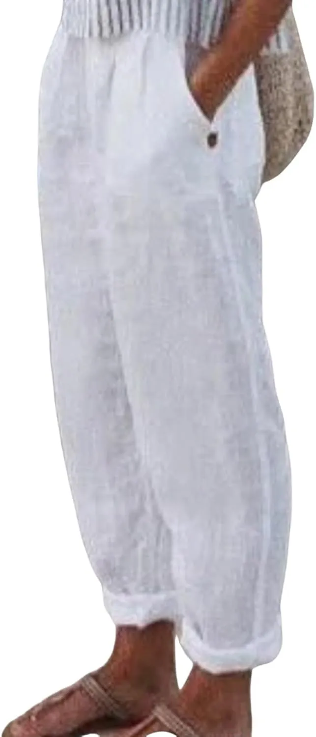 Linen Pants for Women Summer Straight Leg Casual Pants Elastic Waist Crop Trousers Summer Lightweight Vacation Pants