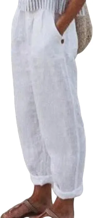 Linen Pants for Women Summer Straight Leg Casual Pants Elastic Waist Crop Trousers Summer Lightweight Vacation Pants