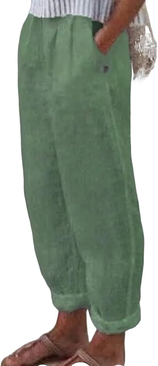 Linen Pants for Women Summer Straight Leg Casual Pants Elastic Waist Crop Trousers Summer Lightweight Vacation Pants