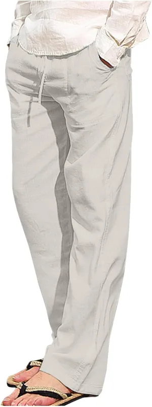 Linen Pants Men Slim Straight Solid Lightweight Drawstring Casual Pants with Pockets Elastic Waisted Lounge Pants