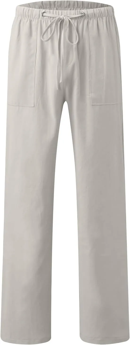 Linen Pants Men Slim Straight Solid Lightweight Drawstring Casual Pants with Pockets Elastic Waisted Lounge Pants