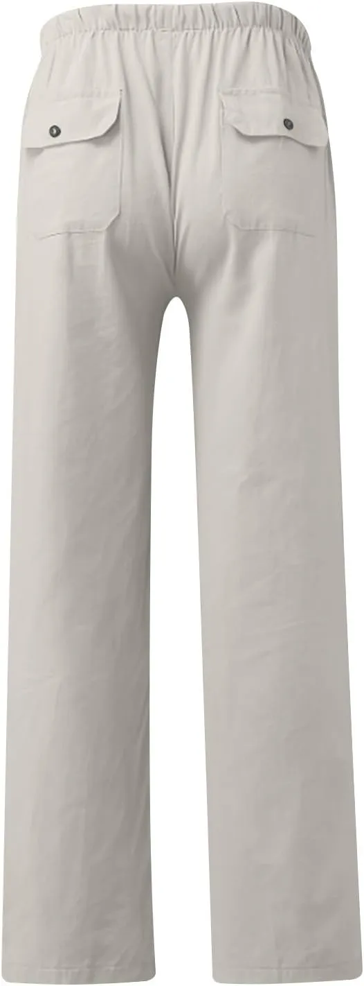 Linen Pants Men Slim Straight Solid Lightweight Drawstring Casual Pants with Pockets Elastic Waisted Lounge Pants