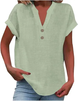 Linen Shirts for Women Loose Fit Vacation Short Sleeve Boho Tops Casual Button Up V Neck T Shirts Solid Summer Blouse