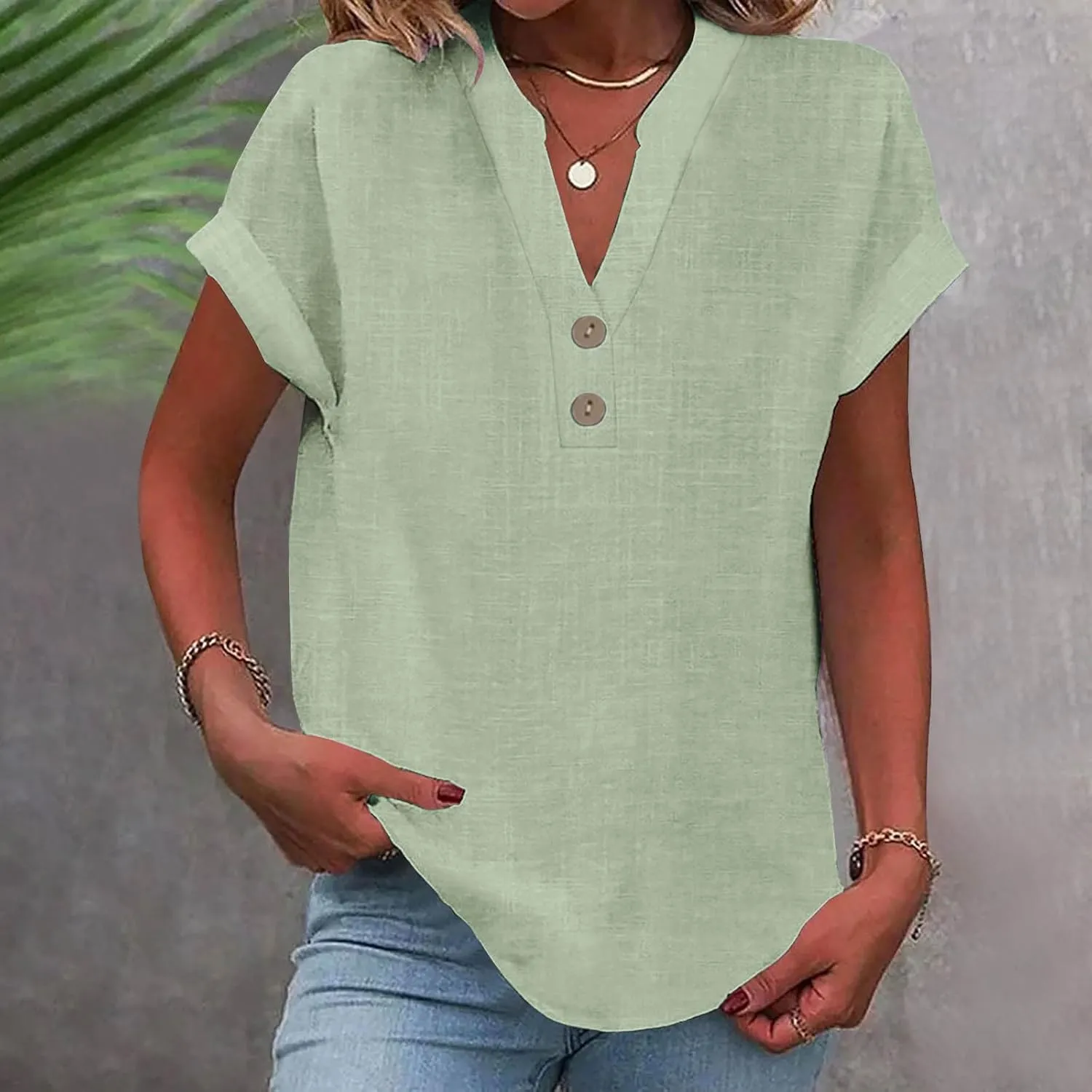 Linen Shirts for Women Loose Fit Vacation Short Sleeve Boho Tops Casual Button Up V Neck T Shirts Solid Summer Blouse
