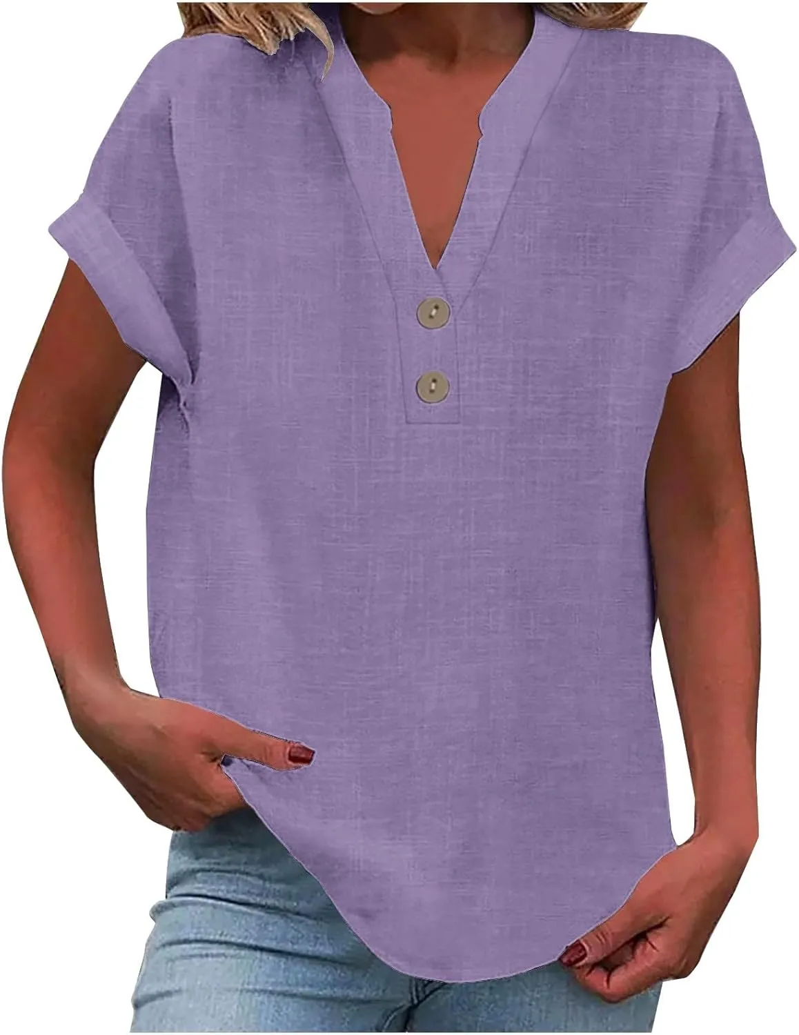 Linen Shirts for Women Summer,Short Sleeve V Neck Loose Fit Tops Casual Tshirt Button Down Soft Tunic Blouses 2025