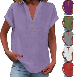 Linen Shirts for Women Summer,Short Sleeve V Neck Loose Fit Tops Casual Tshirt Button Down Soft Tunic Blouses 2025