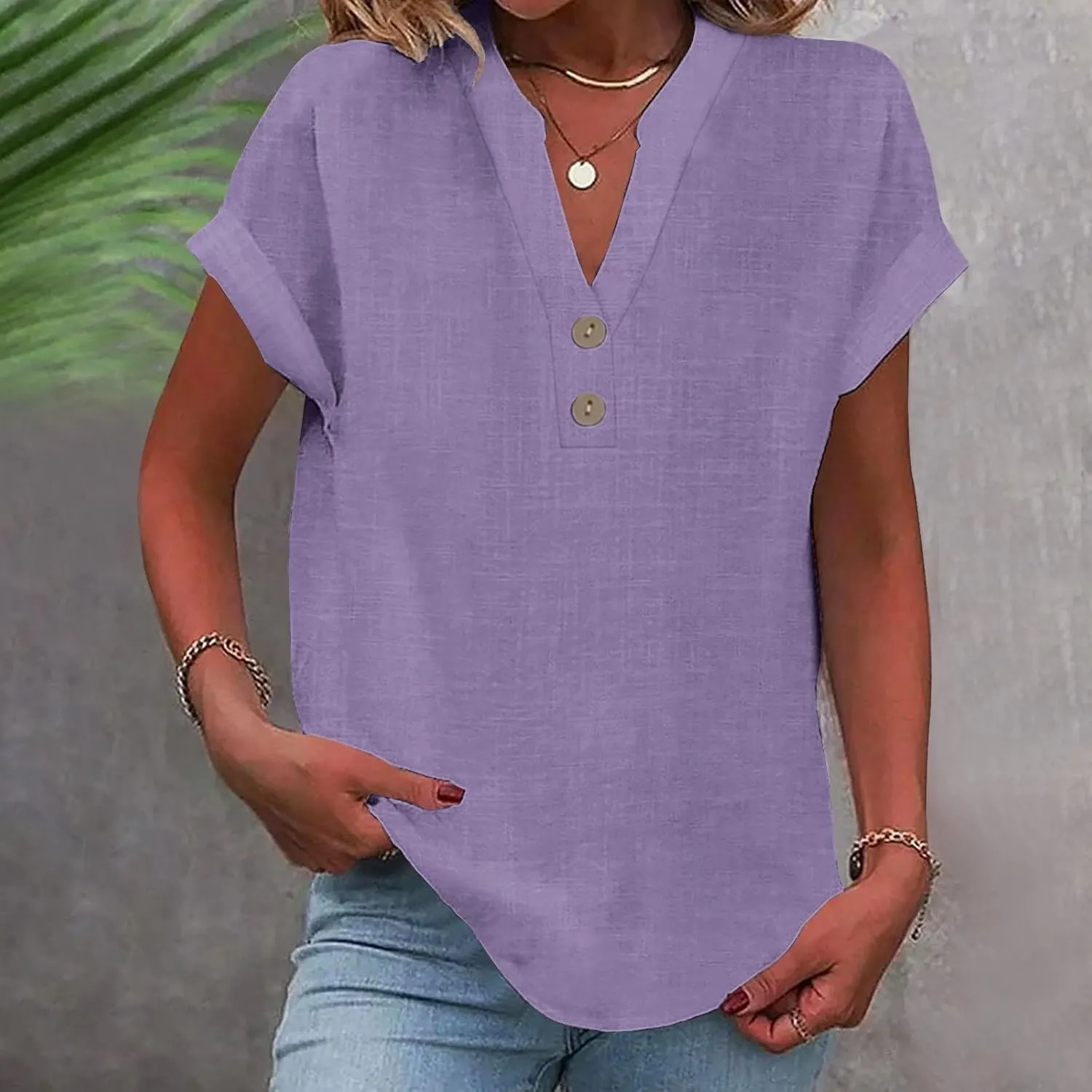 Linen Shirts for Women Summer,Short Sleeve V Neck Loose Fit Tops Casual Tshirt Button Down Soft Tunic Blouses 2025