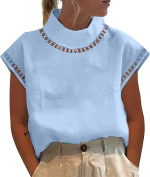Linen Shirts for Women V-Neck Buttons Blouse Embroidery 2025 Summer Tshirt Long Sleeve Loose T-Shirts