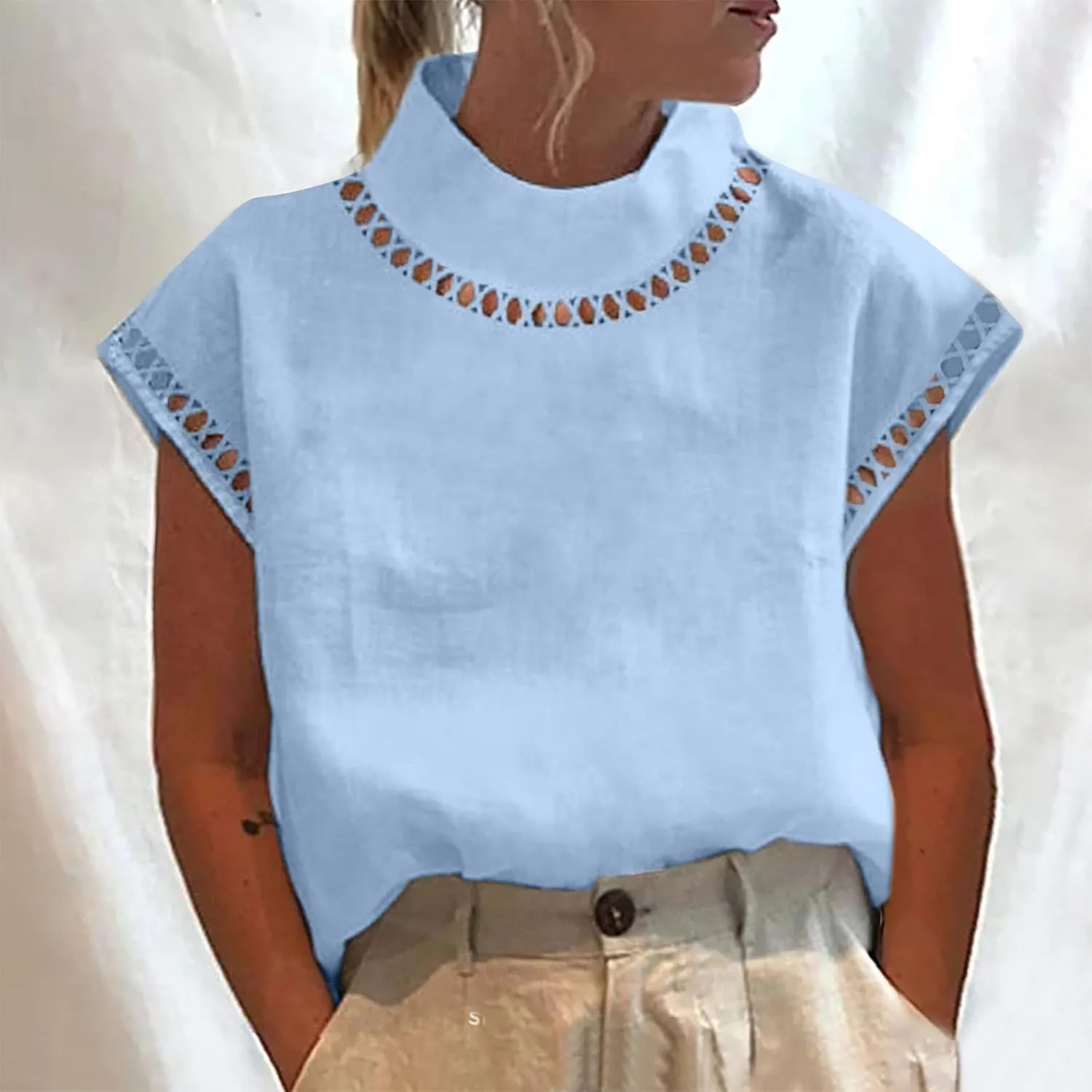 Linen Shirts for Women V-Neck Buttons Blouse Embroidery 2025 Summer Tshirt Long Sleeve Loose T-Shirts