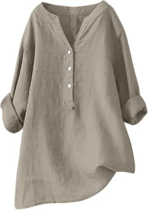 Linen Shirts for Women V-Neck Buttons Blouse Embroidery 2025 Summer Tshirt Long Sleeve Loose T-Shirts