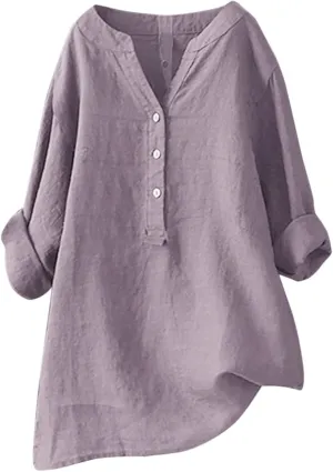 Linen Shirts for Women V-Neck Buttons Blouse Embroidery 2025 Summer Tshirt Long Sleeve Loose T-Shirts