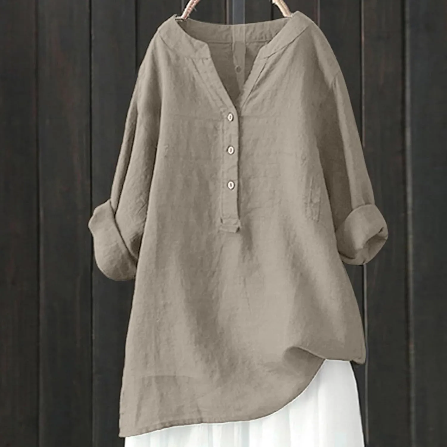 Linen Shirts for Women V-Neck Buttons Blouse Embroidery 2025 Summer Tshirt Long Sleeve Loose T-Shirts