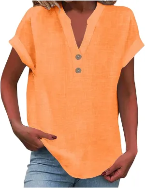 Linen Shirts for Women V-Neck Buttons Blouse Embroidery 2025 Summer Tshirt Long Sleeve Loose T-Shirts
