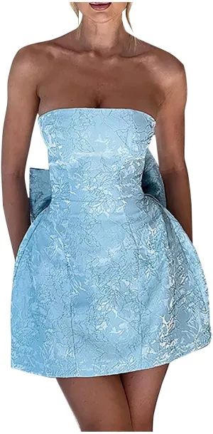 Lmdudan Strapless Satin Mini Homecoming Dress for Women Girls Cocktail Skirts 2025 Sexy Jacquard Mini Skirt with Bow