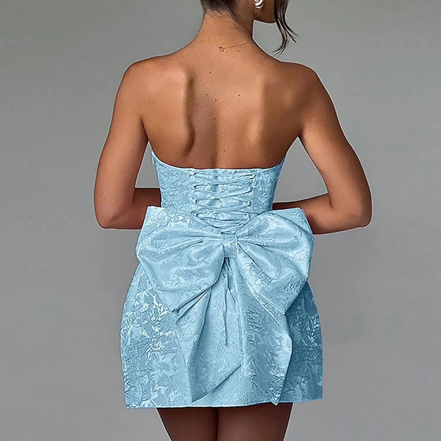 Lmdudan Strapless Satin Mini Homecoming Dress for Women Girls Cocktail Skirts 2025 Sexy Jacquard Mini Skirt with Bow