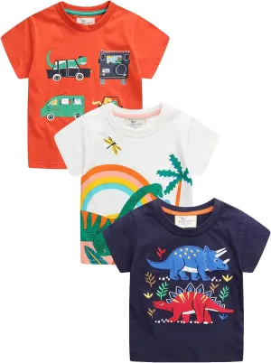 LOKTARC Boys Dinosaur T-Shirts Crewneck Short Sleeve Shirts 3-Pack Toddler Tops