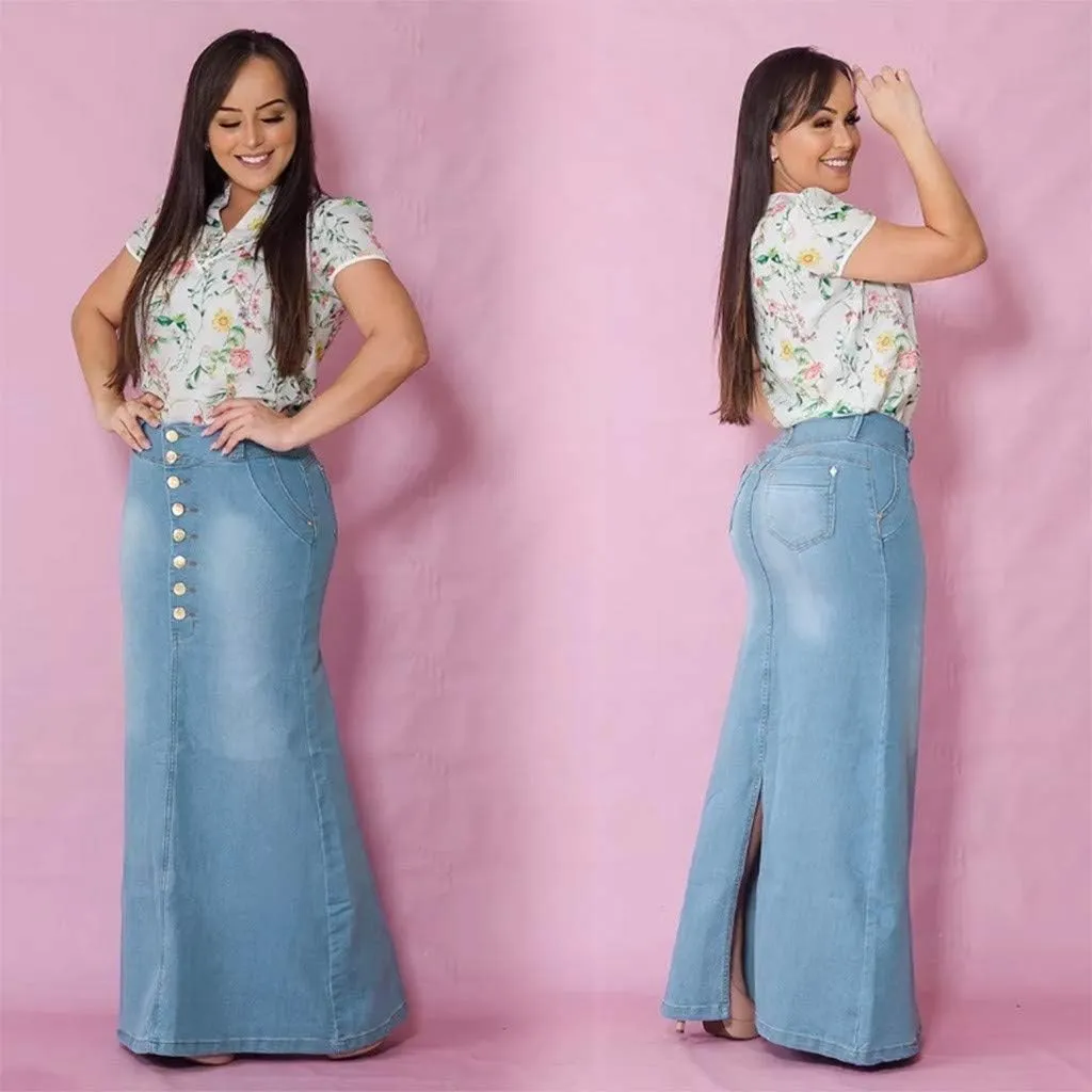 Long Jean Skirt Womens Front Button Denim A-Line Washed Jean Women's Casual Button Skirts Skirt Skirts for Women
