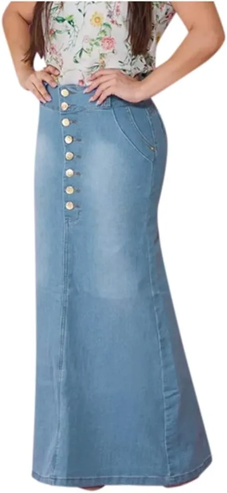 Long Jean Skirt Womens Front Button Denim A-Line Washed Jean Women's Casual Button Skirts Skirt Skirts for Women