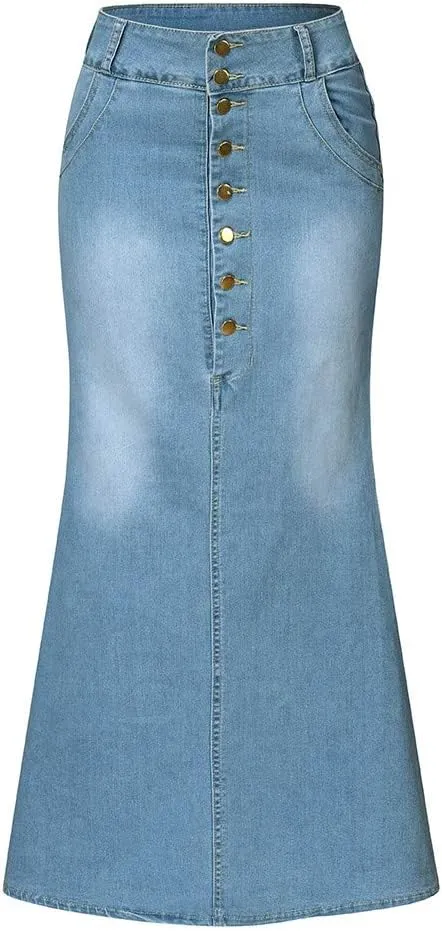 Long Jean Skirt Womens Front Button Denim A-Line Washed Jean Women's Casual Button Skirts Skirt Skirts for Women