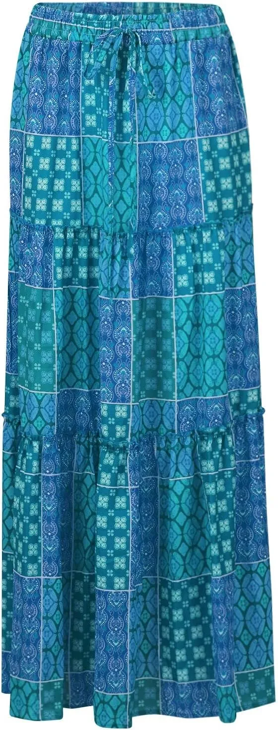 Long Skirt,Flowy Skirts for Women 2025 Elastic High Waisted Trendy Pleated Womens Boho Maxi Skirt with Pockets