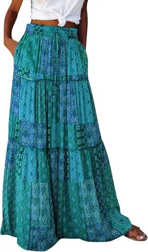 Long Skirt,Flowy Skirts for Women 2025 Elastic High Waisted Trendy Pleated Womens Boho Maxi Skirt with Pockets