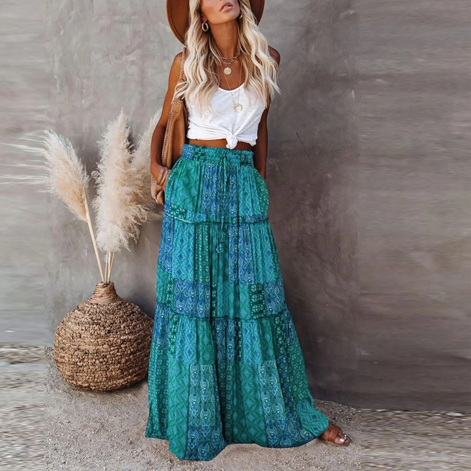 Long Skirt,Flowy Skirts for Women 2025 Elastic High Waisted Trendy Pleated Womens Boho Maxi Skirt with Pockets