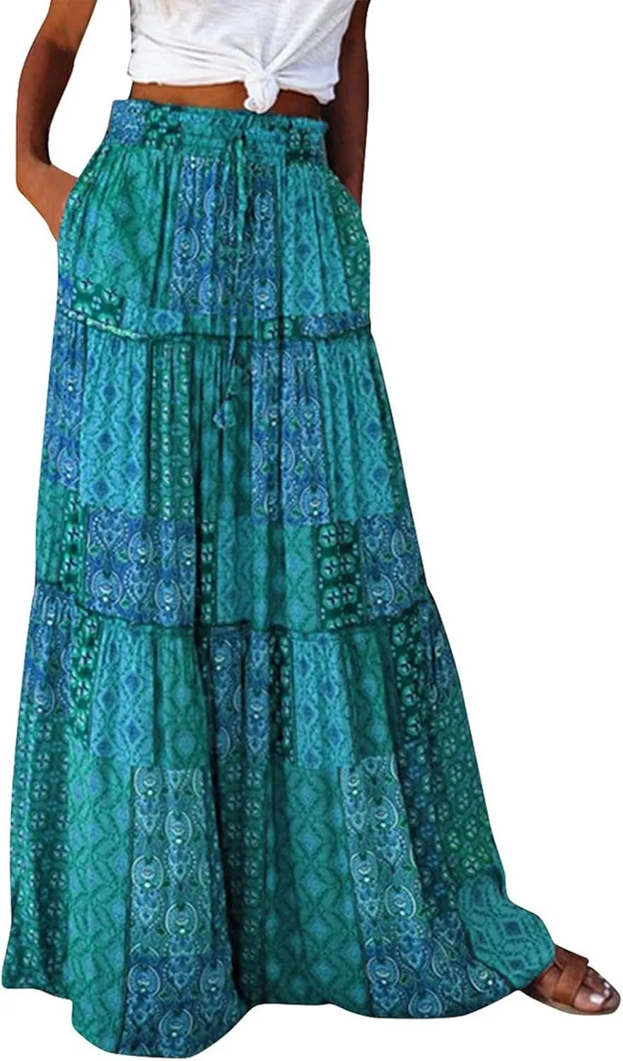 Long Skirt,Flowy Skirts for Women 2025 Elastic High Waisted Trendy Pleated Womens Boho Maxi Skirt with Pockets