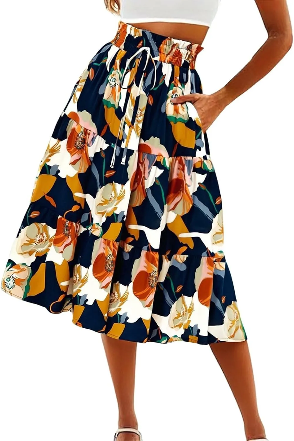 Long Skirts for Women,Elastic High Waisted Womens Boho Maxi Skirt with Pockets Linen Flowy Long Skirts 2025 Trendy