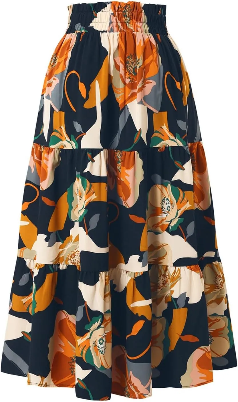 Long Skirts for Women,Elastic High Waisted Womens Boho Maxi Skirt with Pockets Linen Flowy Long Skirts 2025 Trendy