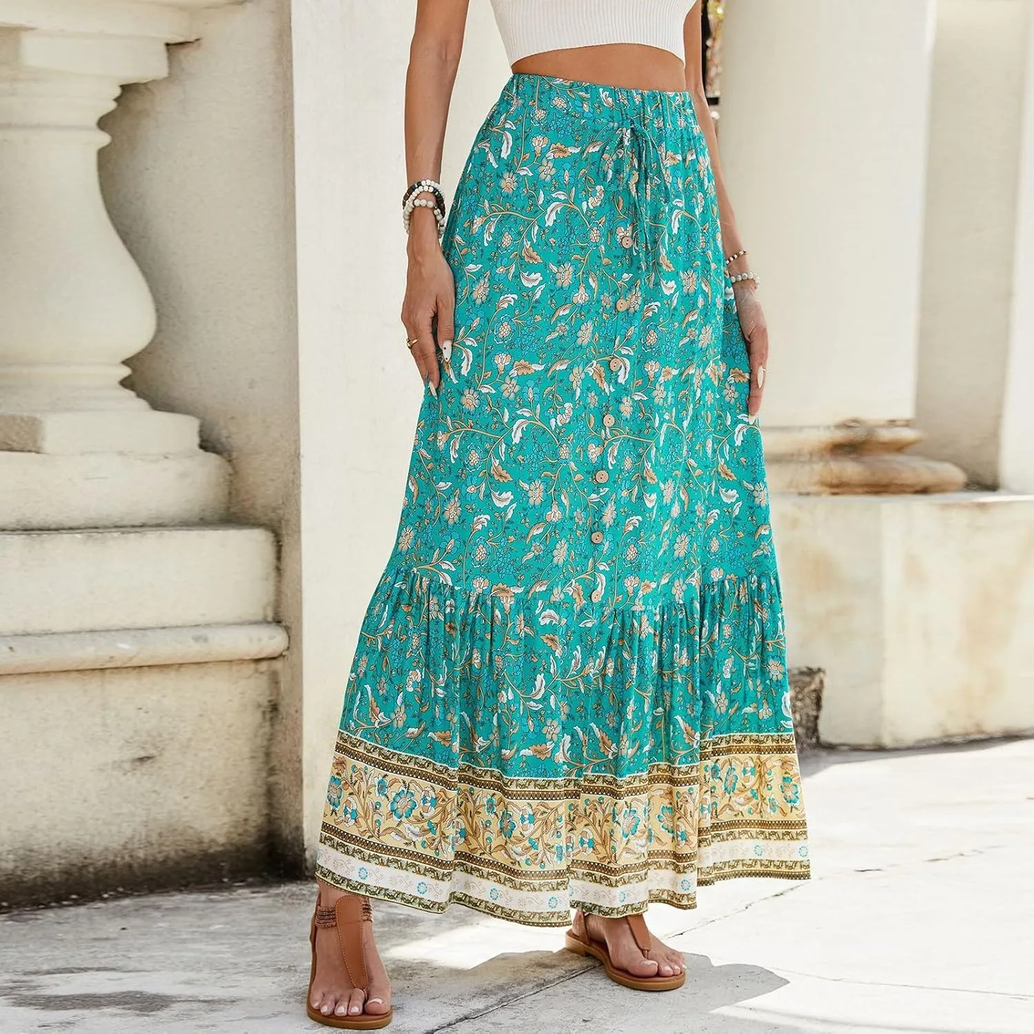 Long Skirts for Women,Wrap Drawstring Tiered Flowy Maxi Skirts 2025 Trendy Side Pockets Boho Skirt Spring Summer