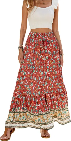 Long Skirts for Women,Wrap Drawstring Tiered Flowy Maxi Skirts 2025 Trendy Side Pockets Boho Skirt Spring Summer