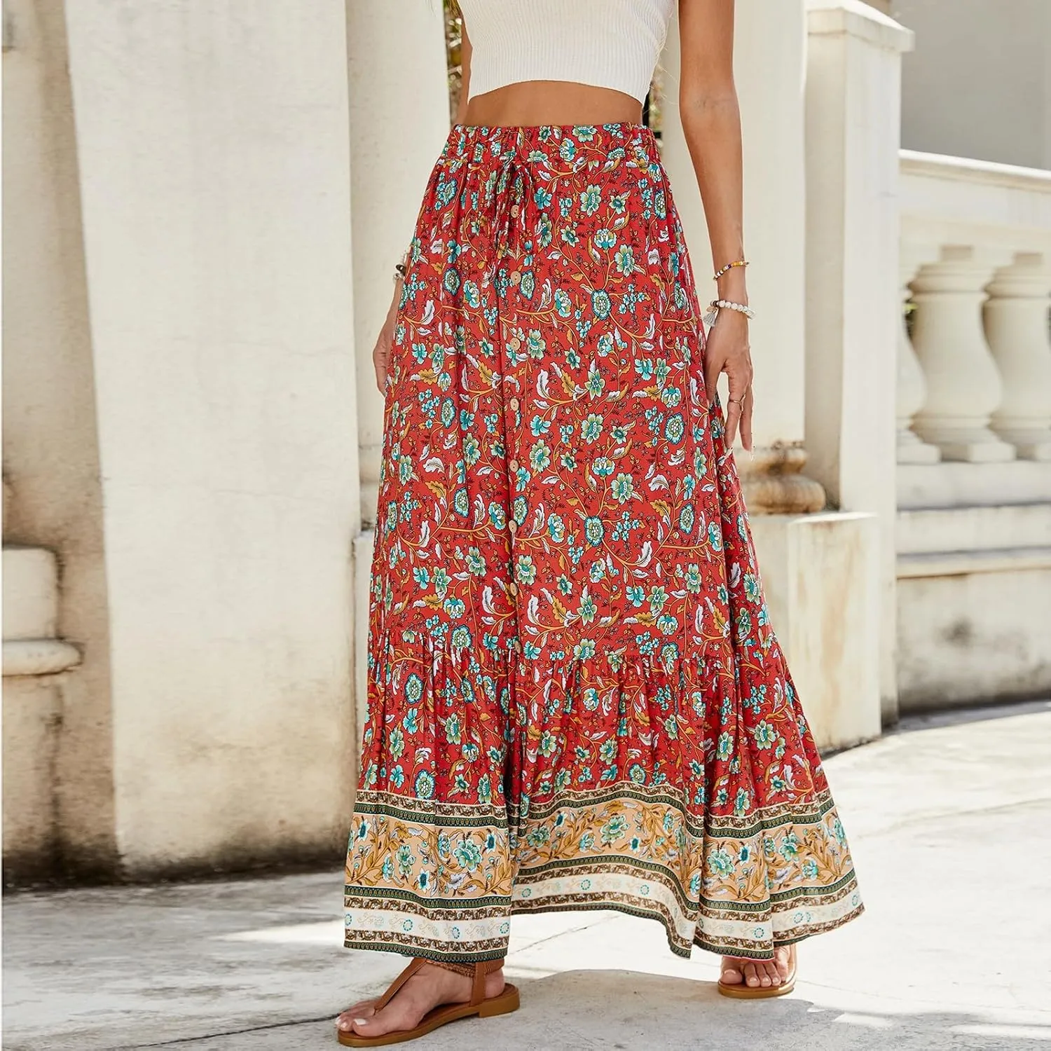 Long Skirts for Women,Wrap Drawstring Tiered Flowy Maxi Skirts 2025 Trendy Side Pockets Boho Skirt Spring Summer