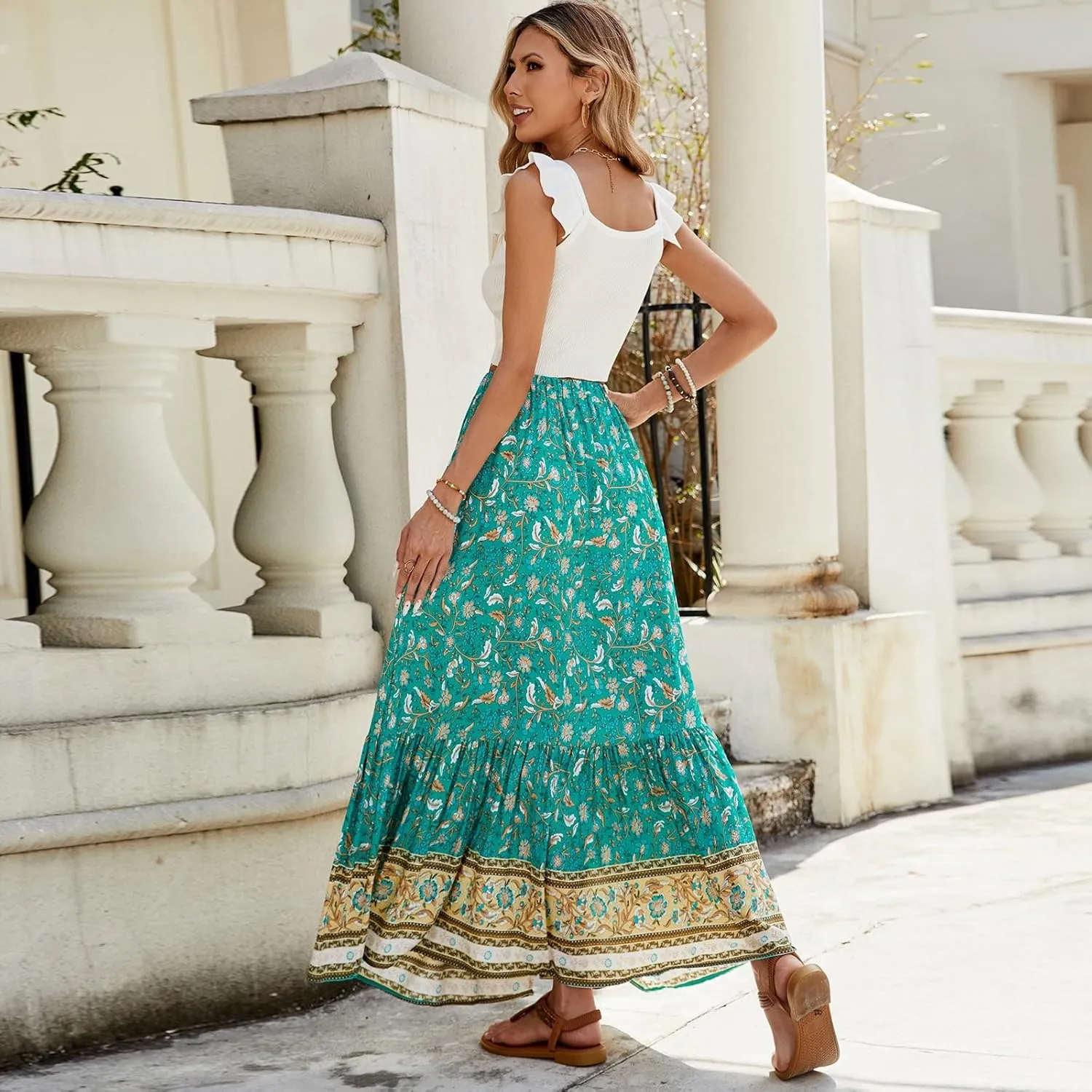 Long Skirts for Women,Wrap Drawstring Tiered Flowy Maxi Skirts 2025 Trendy Side Pockets Boho Skirt Spring Summer