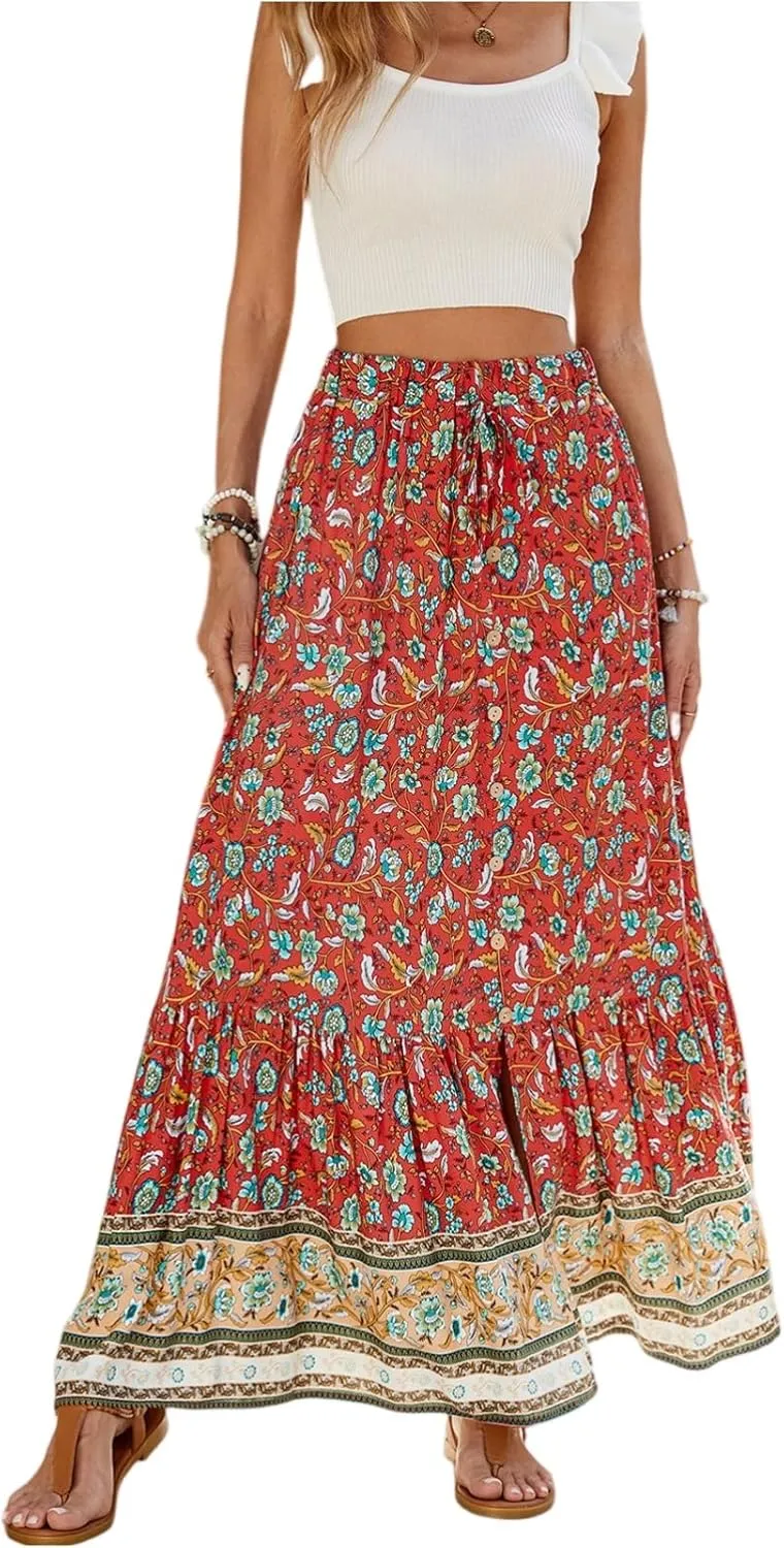 Long Skirts for Women,Wrap Drawstring Tiered Flowy Maxi Skirts 2025 Trendy Side Pockets Boho Skirt Spring Summer