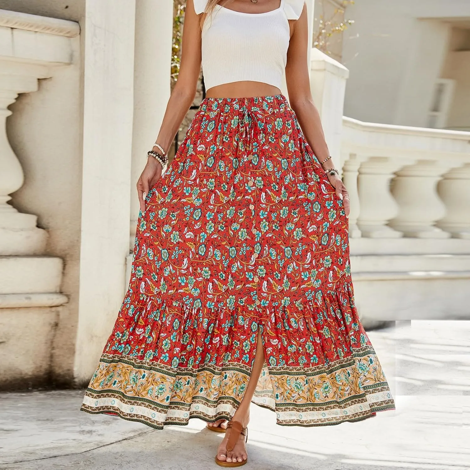 Long Skirts for Women,Wrap Drawstring Tiered Flowy Maxi Skirts 2025 Trendy Side Pockets Boho Skirt Spring Summer