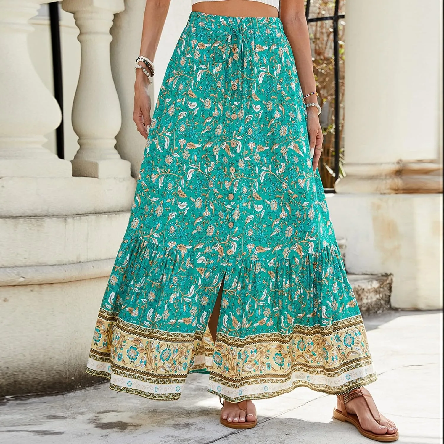 Long Skirts for Women,Wrap Drawstring Tiered Flowy Maxi Skirts 2025 Trendy Side Pockets Boho Skirt Spring Summer