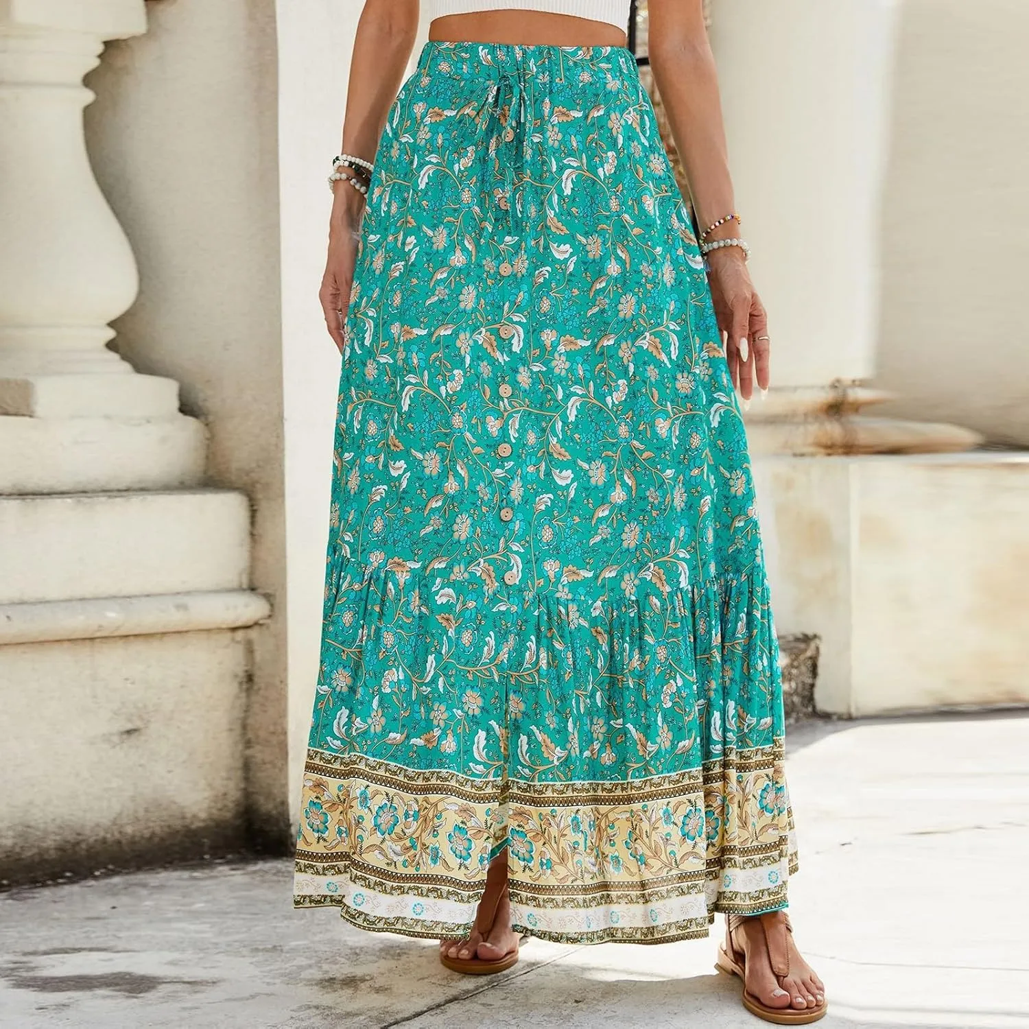 Long Skirts for Women,Wrap Drawstring Tiered Flowy Maxi Skirts 2025 Trendy Side Pockets Boho Skirt Spring Summer
