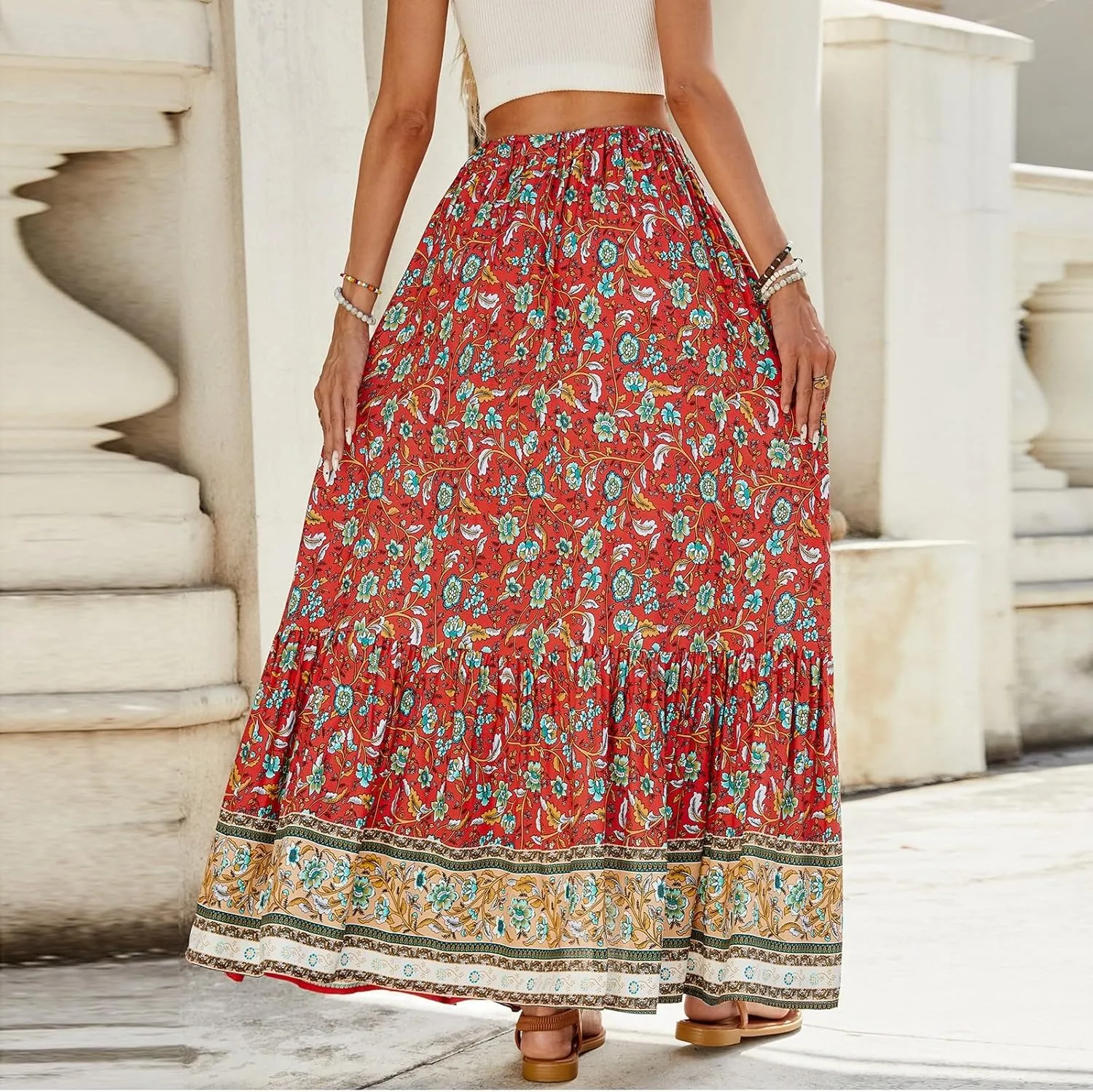 Long Skirts for Women,Wrap Drawstring Tiered Flowy Maxi Skirts 2025 Trendy Side Pockets Boho Skirt Spring Summer
