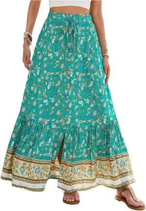 Long Skirts for Women,Wrap Drawstring Tiered Flowy Maxi Skirts 2025 Trendy Side Pockets Boho Skirt Spring Summer