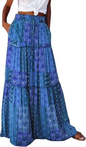 Long Skirts,Trendy Flowy Skirts for Women 2025 Elastic High Waisted Pleated Womens Boho Maxi Skirt with Pockets